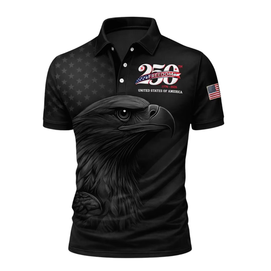 Eagle 250th Anniversary Black Golf Polo Shirt For Men, 4th Of July Eagle Golf Shirts GE0466