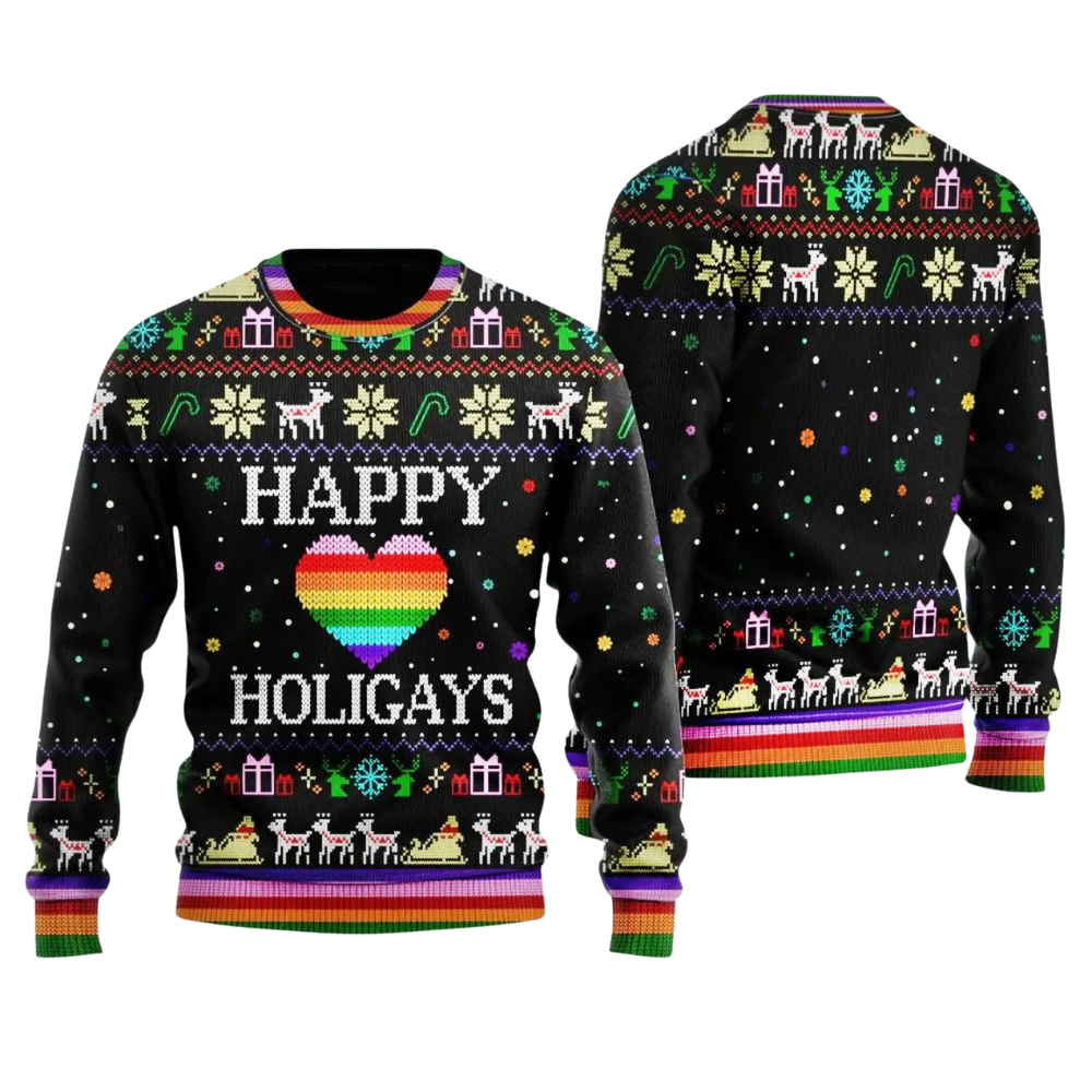 Happy Holigays Ugly Christmas Sweatshirt For Men, LGBT Pride Christmas Ugly Sweater 2D1185
