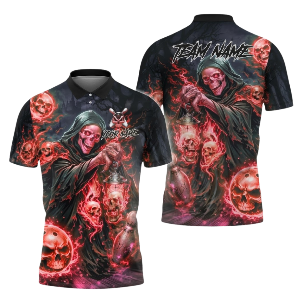 Custom Grim Reaper Bowling Mens Polo Shirt Black And Green, Custom Skull Bowling Team Shirts BZ1100