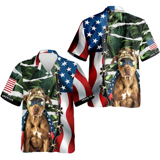 Pitbull Dog American Flag Hawaiian Shirt For Men, Pitbull Patriotic Hawaiian Shirts HE0571