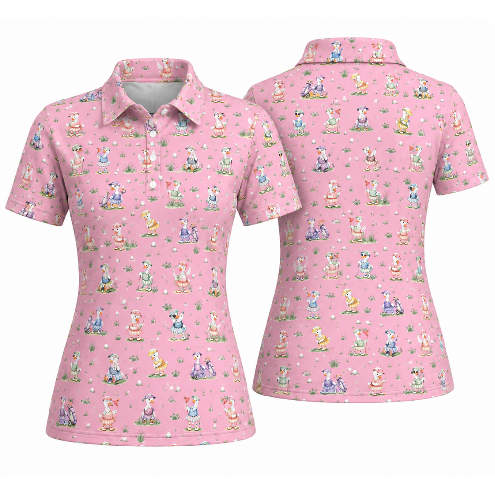 Women's Silly Goose Pink Golf Polo Shirt, Funny Goose Golf Shirts For Ladies GE0471