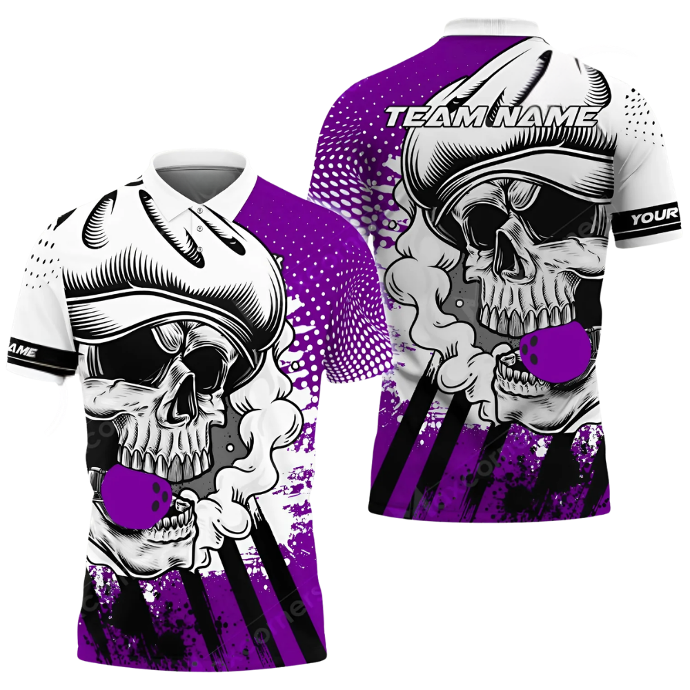 Custom Skull Red And White Bowling Polo Shirt For Men, Custom Skull Bowling Team Shirts BZ0768