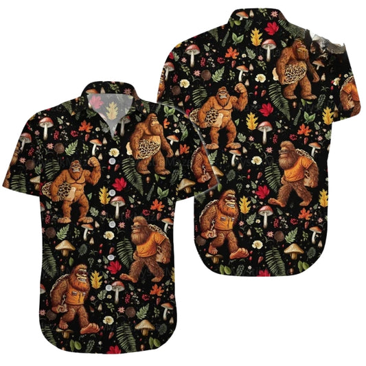 Bigfoot And Mushroom Men's Hawaiian Shirt, Tropical Bigfoot Sasquatch Hawaiian Shirts HE0154
