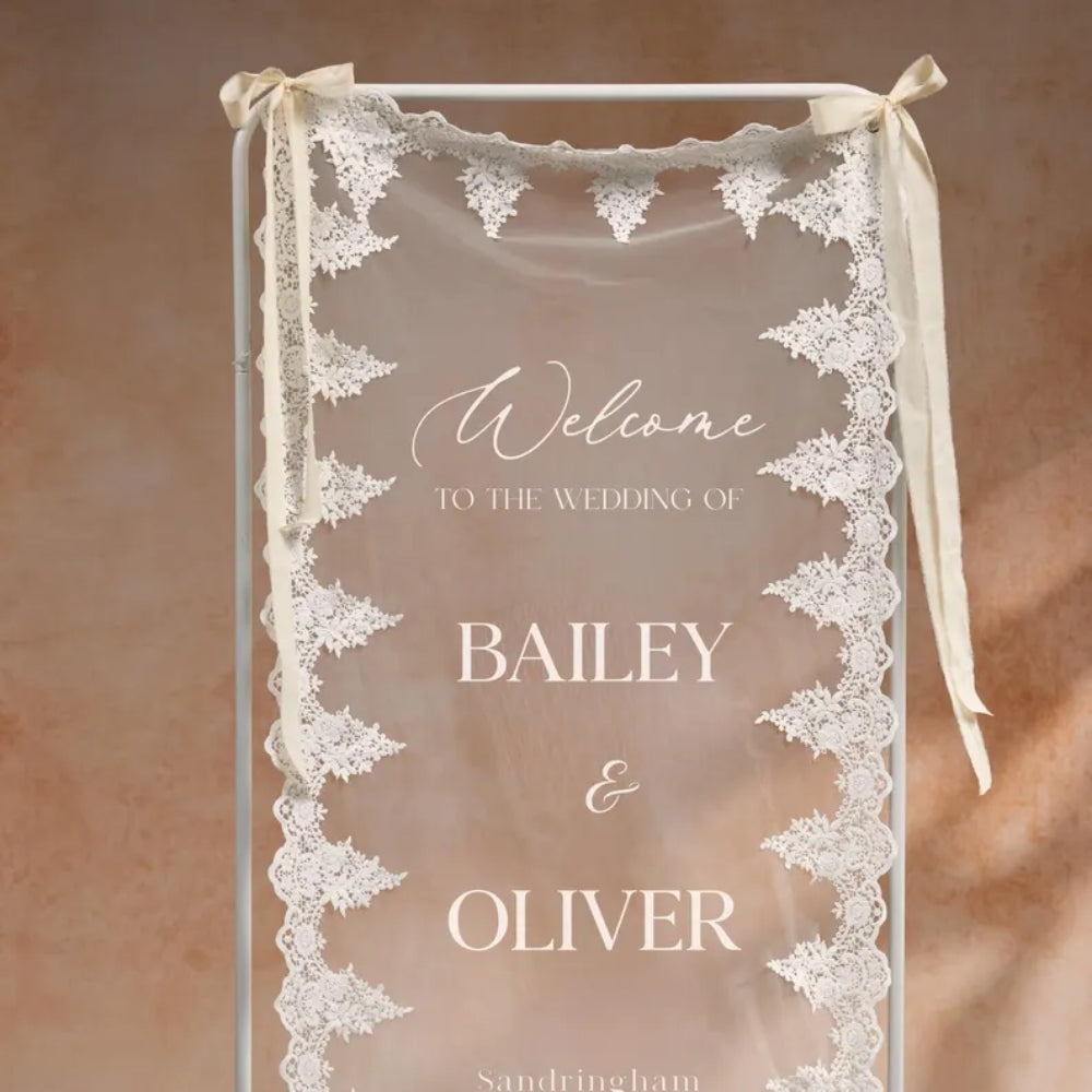 Personalized Lace Sheer Wedding Welcome Sign Banner, Custom Welcome Lace Banner WD0231
