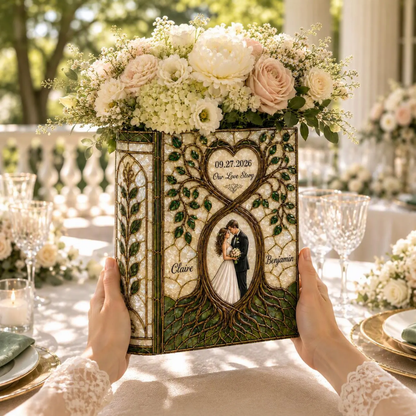 Personalized Tree Of Life Stained Glass Wedding Ceramic Book Vase, Personalized Wedding Stained Glass Book Vase WD0594