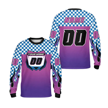 Custom Checkered Gradient Flame Long Sleeve Dirt Bike Jersey For Men, Custom Checkered Dirt Bike Shirts ME0023