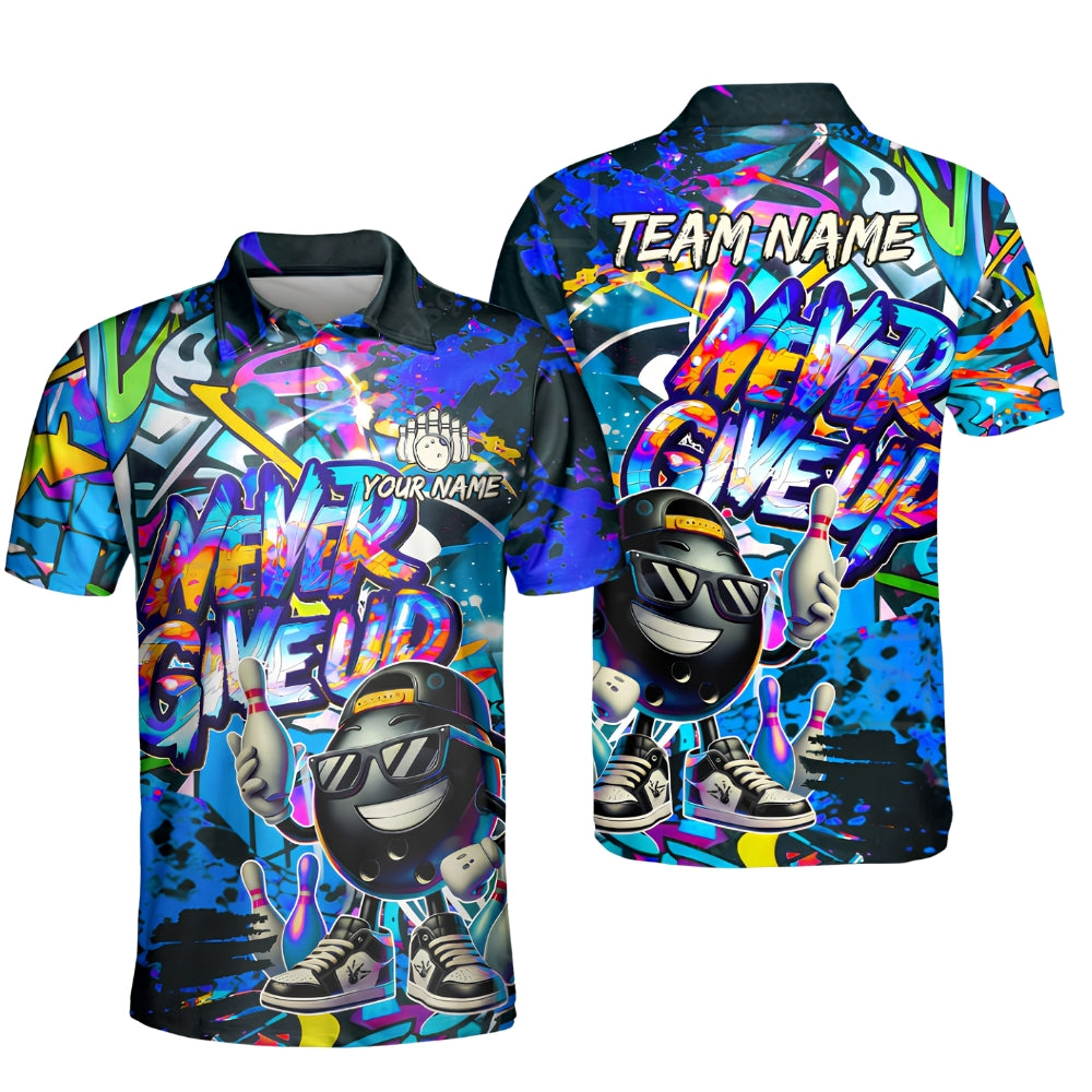Never Give Up Custom Funny Ball Graffiti Bowling Polo Shirt For Men, Custom Funny Bowling Team Shirts BZ0393