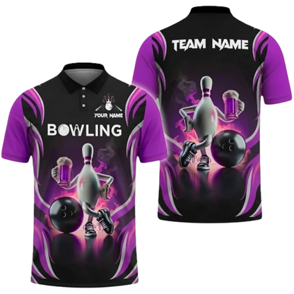 Custom Pin And Beer Bowling Polo Shirt Mens, Custom Team Bowling Shirts For Beer Lovers BZ0478