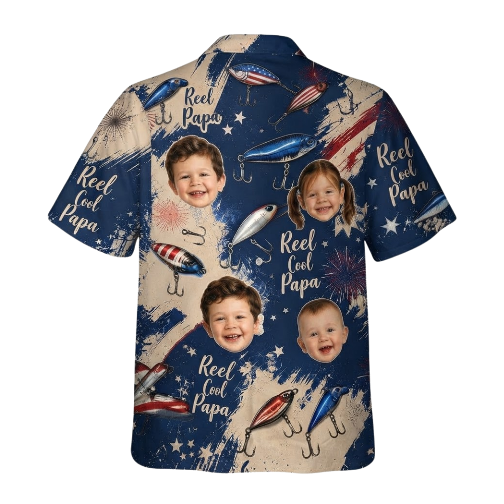 Reel Cool Papa USA Flag Custom Kid Face Fishing Hawaiian Shirt For Dad, Custom Photo Fishing Hawaiian Shirts For Fathers HE0522