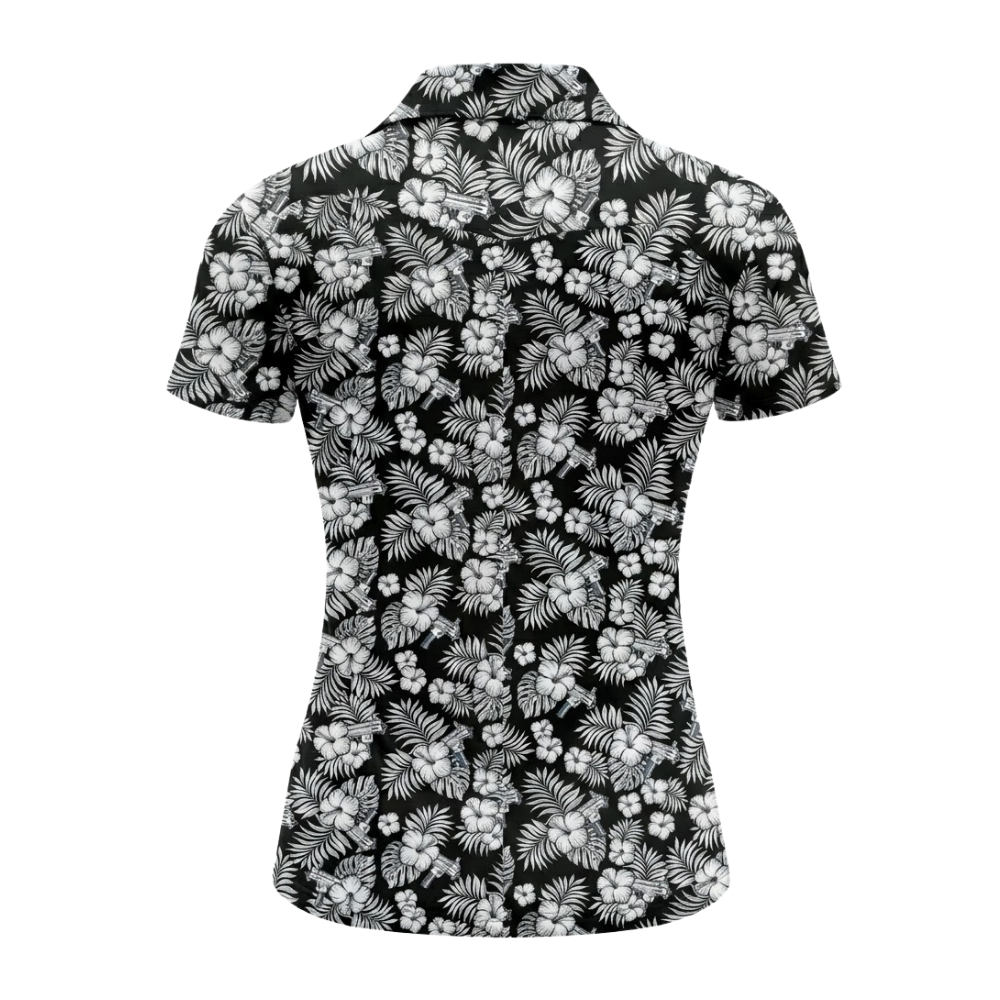 Black And White Hibiscus Golf Polo Shirt Ladies, Women's Floral Tropical Golf Shirt GZ0358