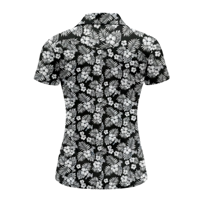 Black And White Hibiscus Golf Polo Shirt Ladies, Women's Floral Tropical Golf Shirt GZ0358