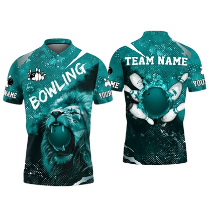 Custom Lion Men's Blue Bowling Polo Shirt, Custom Lion Bowling Team Shirts BZ0622