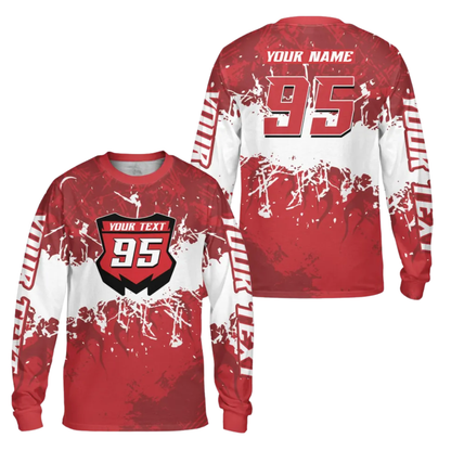 Custom Red White Racing Dirt Bike Jersey Long Sleeve For Men, Custom Dirt Bike Shirts MZ0092