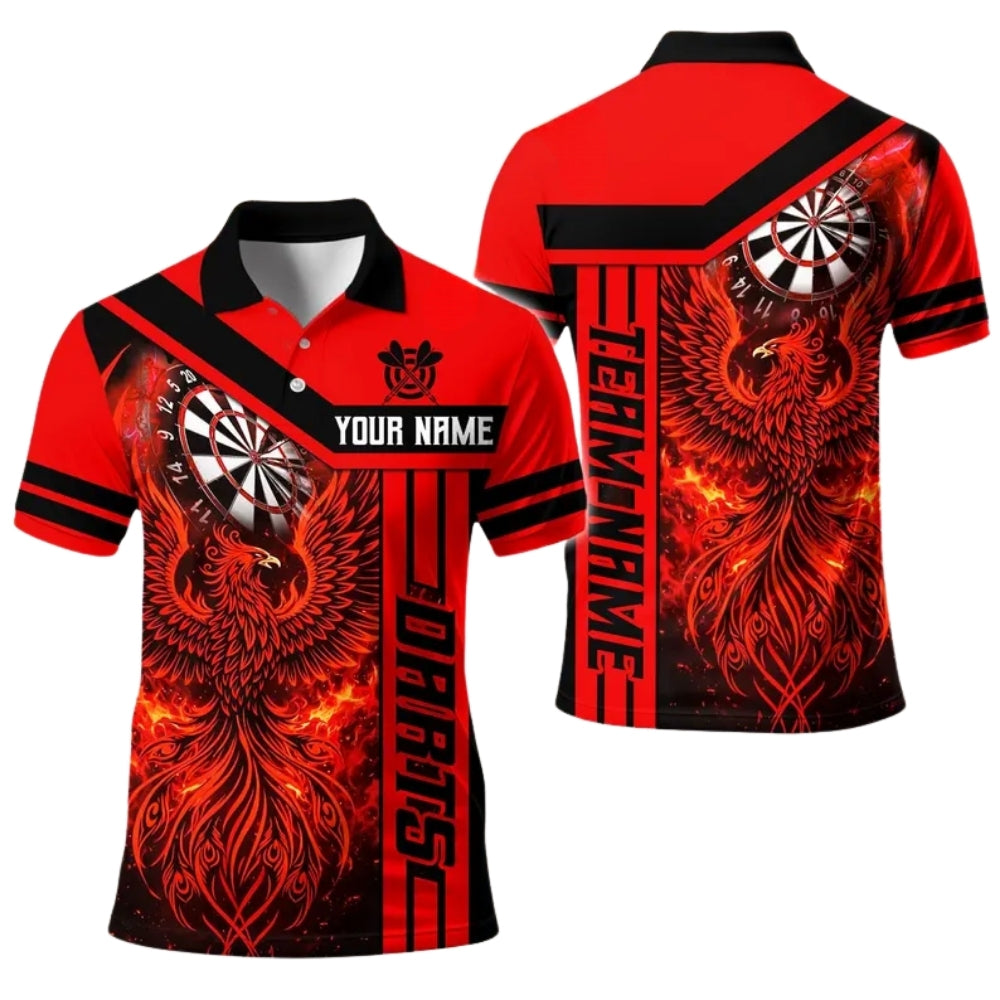 Custom Phoenix Flame Red Black Dart Polo Shirt For Men, Custom Phoenix Darts Shirt For Team DE0089