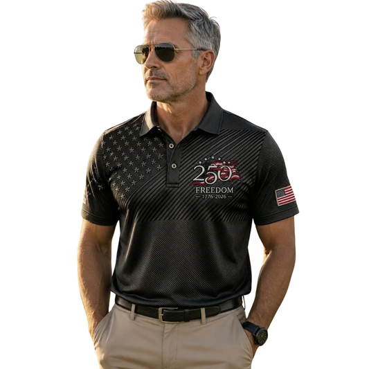 250 Freedom 1776-2026 American Flag Mens Black Golf Polo Shirts, 4th Of July Golf Shirts GE0503