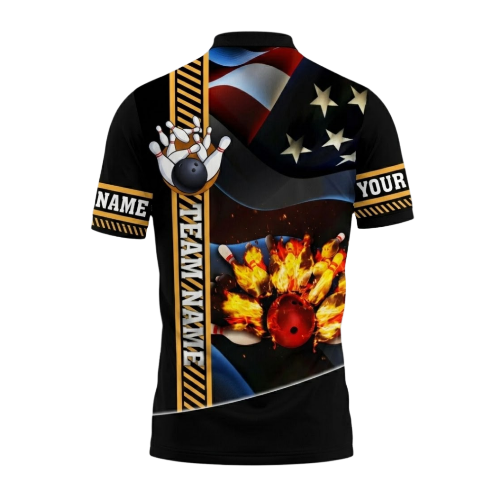 Custom Flame American Flag Bowling Mens Polo Shirt, Custom Team Flame Bowling Shirts BZ0651