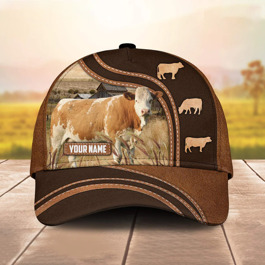 Simmental Leather Brown Pattern Customized Name Cap CA0106