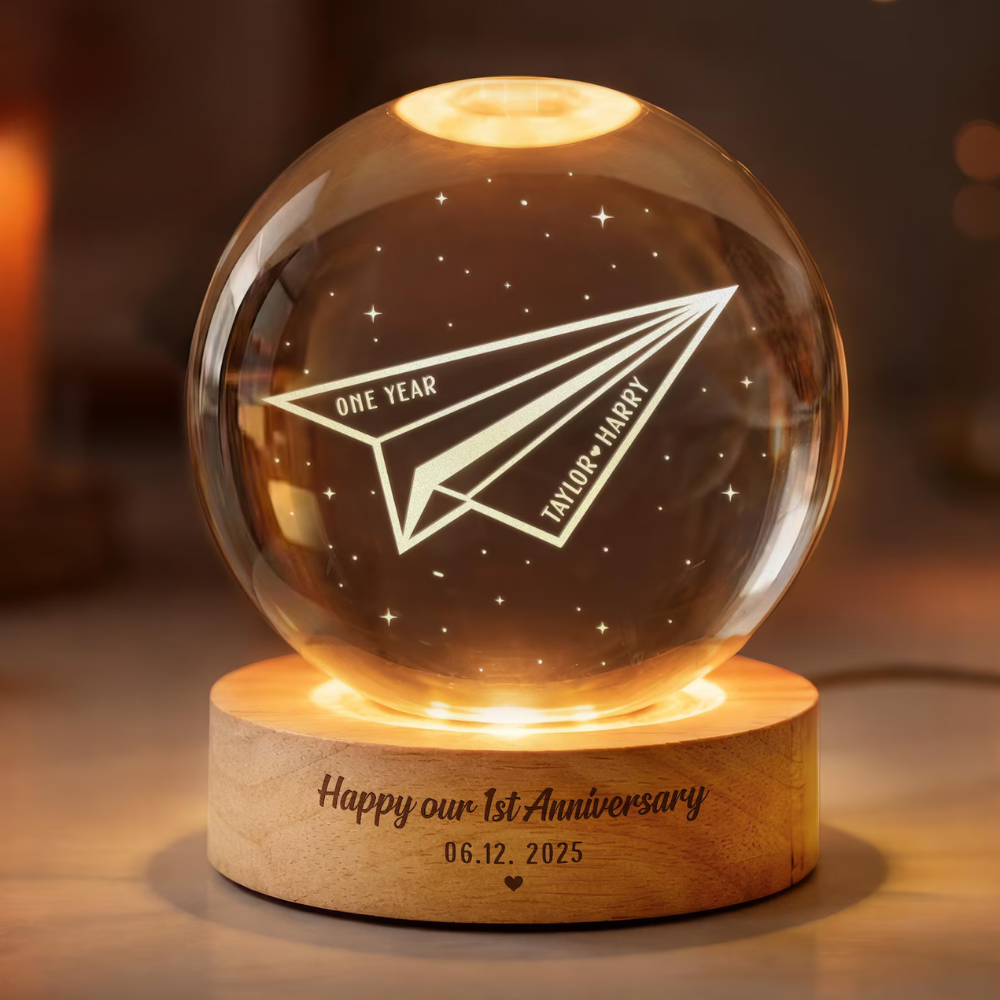 Paper Airplane Custom 1st Anniversary Crystal Ball Led Night Light With Couple Name, Custom One Year Wedding Night Light WD0846