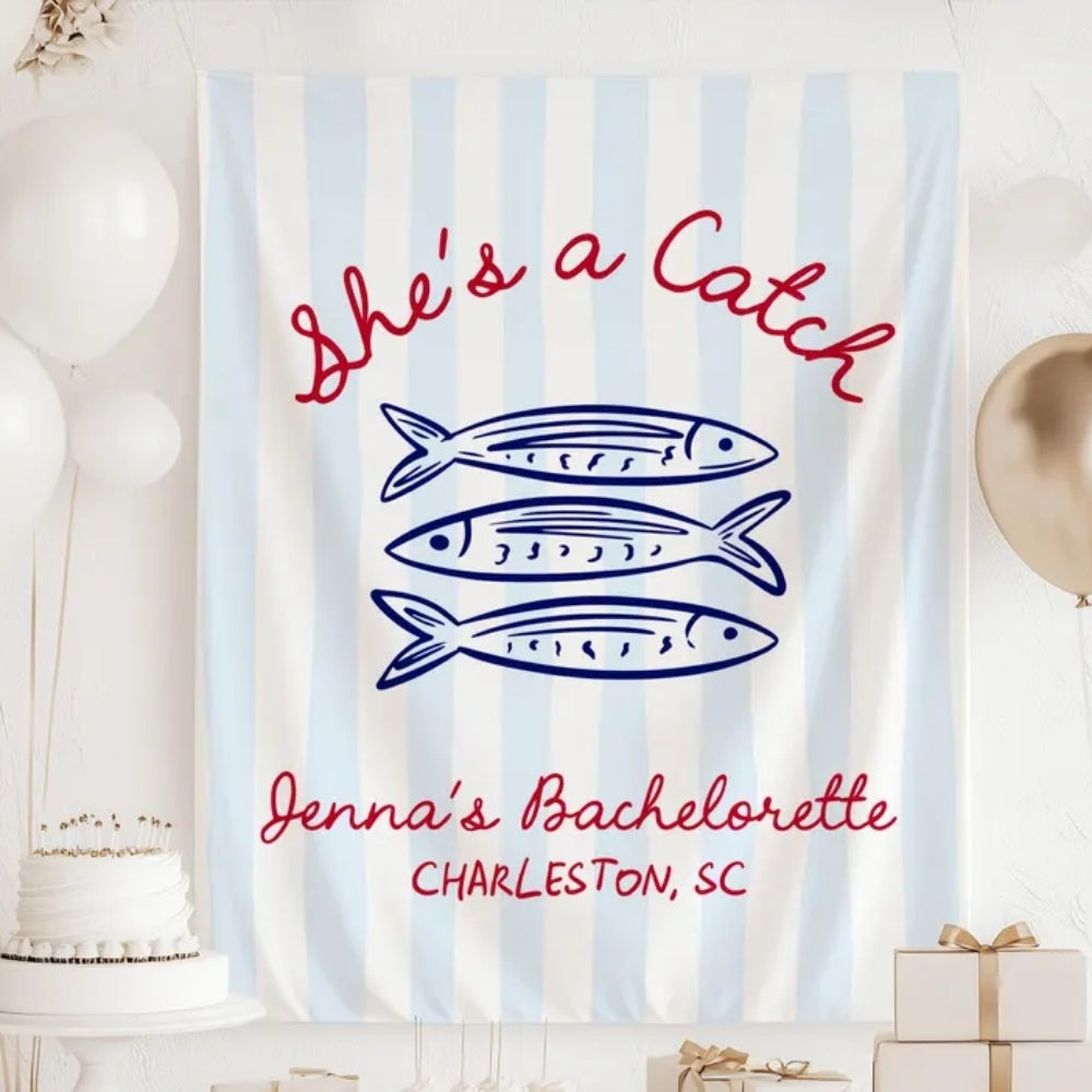 She's A Catch Fish Bachelorette Banner Personalized, Custom Beach Bachelorette Party Sign WD0530
