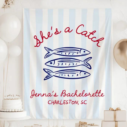 She's A Catch Fish Bachelorette Banner Personalized, Custom Beach Bachelorette Party Sign WD0530