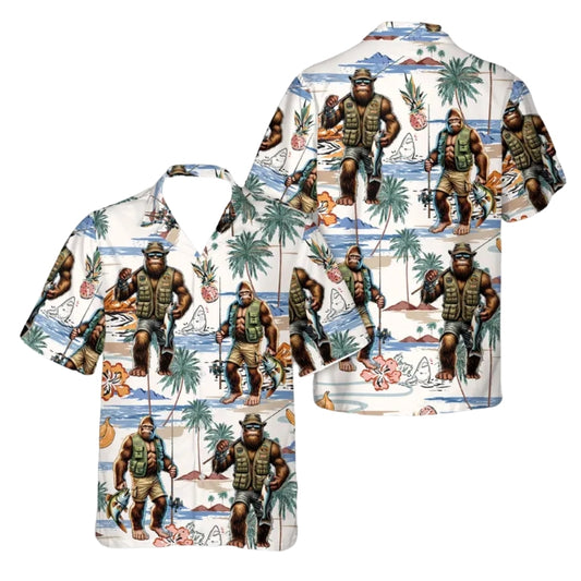 Bigfoot Fishing Men's Hawaiian Shirt, Sasquatch Fishing Lover Hawaiian Shirts HE0190