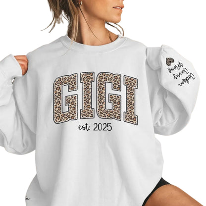 Custom Leopard Gigi Sweatshirt With Kid Name On Sleeve, Custom Grandma Sweatshirt For Mother Day Christmas 2D0356