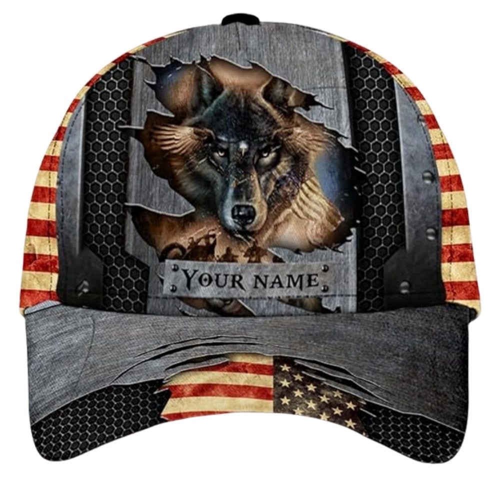 Custom Wolf American Flag Baseball 3D Printed Cap, Custom Wolf Patriotic Cap Hat CP0478