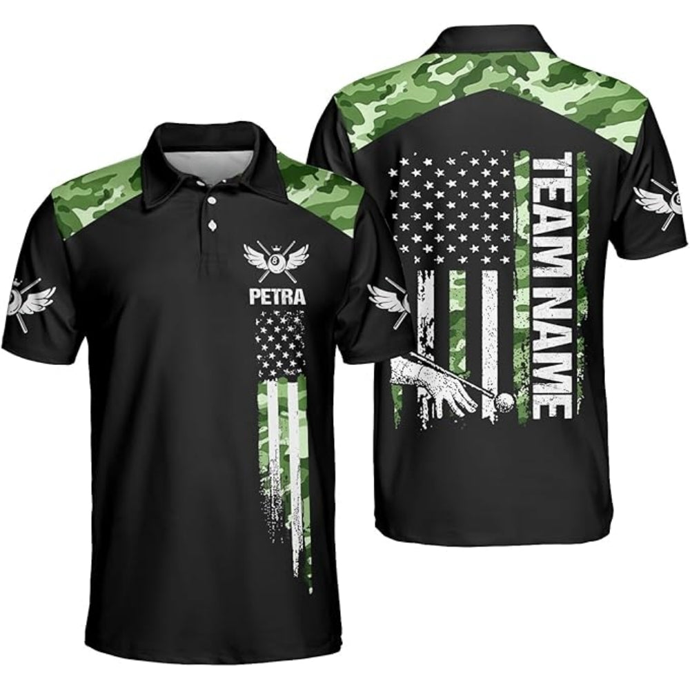 Custom Blue Camo USA Flag Billiard Men Polo Shirts, Custom Camo Patriotic Billiard Shirts For Team BIZ0171