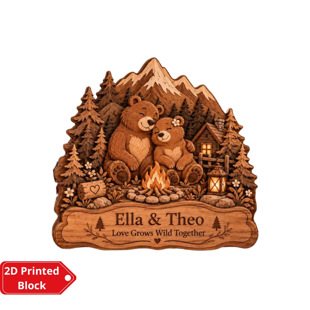 Personalized Bear Couple Layer Wooden Plauqe, Custom Bear Wedding Anniversary Wooden Block WD0992