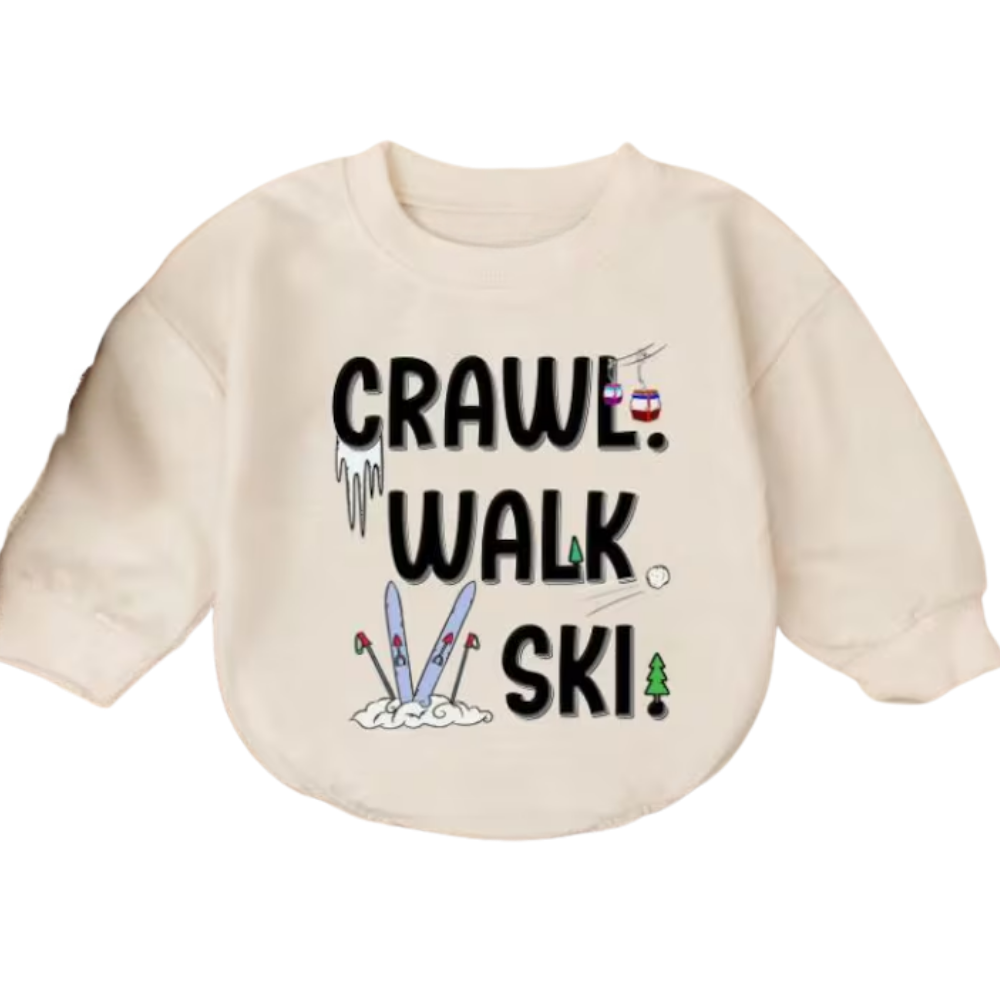 Crawl Walk Ski Baby Romper Sweater, Baby's Skiing Lover Romper Sweatshirt BB0241