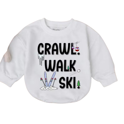 Crawl Walk Ski Baby Romper Sweater, Baby's Skiing Lover Romper Sweatshirt BB0241