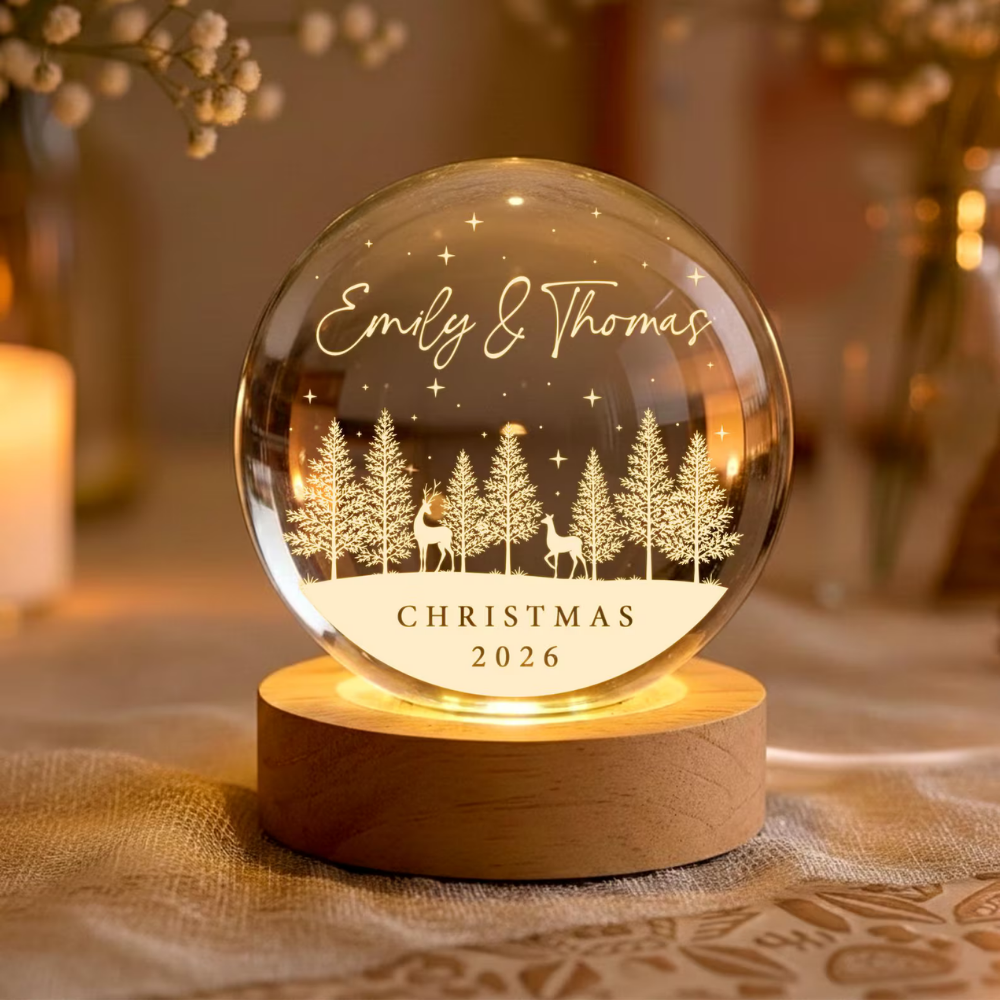 Custom Couple Christmas Crystal Ball Led Night Light, Custom Christmas Wedding Keepsake Night Light WD0916