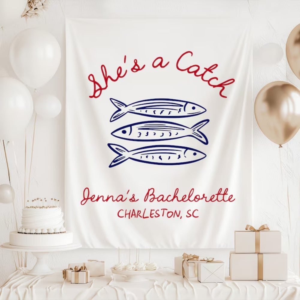 She's A Catch Fish Bachelorette Banner Personalized, Custom Beach Bachelorette Party Sign WD0530