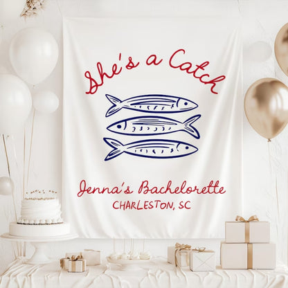 She's A Catch Fish Bachelorette Banner Personalized, Custom Beach Bachelorette Party Sign WD0530