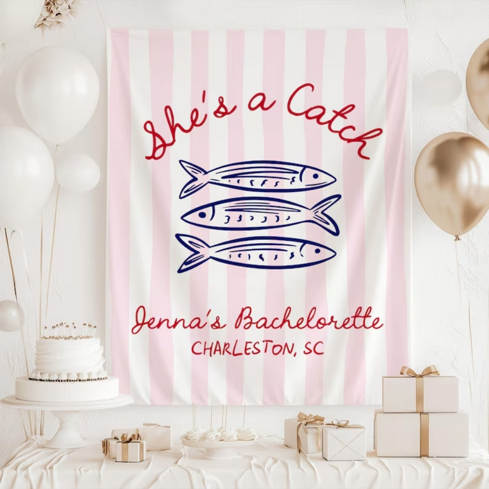 She's A Catch Fish Bachelorette Banner Personalized, Custom Beach Bachelorette Party Sign WD0530
