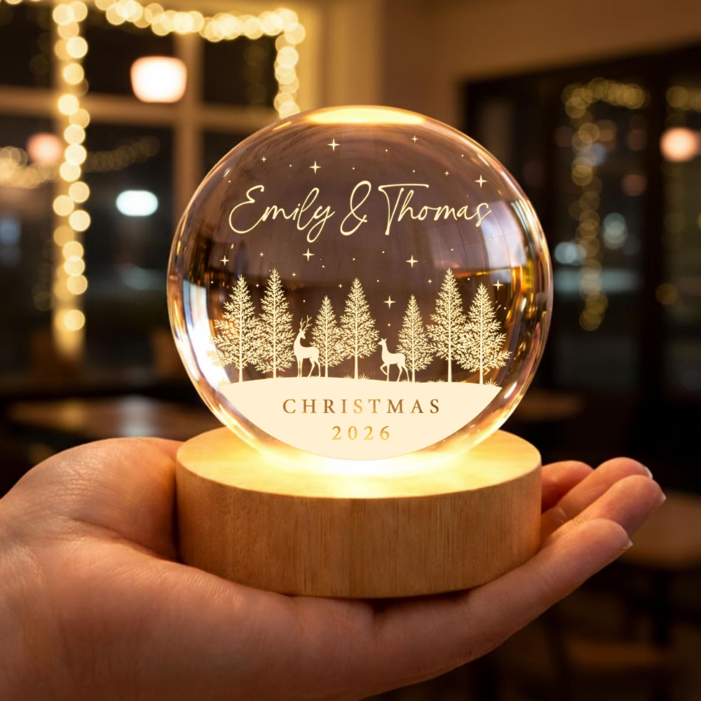 Custom Couple Christmas Crystal Ball Led Night Light, Custom Christmas Wedding Keepsake Night Light WD0916