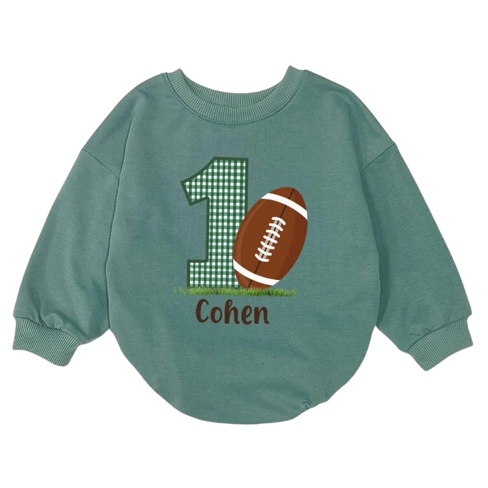 Custom Name 1st Birthday Baby Football Romper Sweatshirt, Personalized First Birtday Baby Romper Sweatshirt BB0162