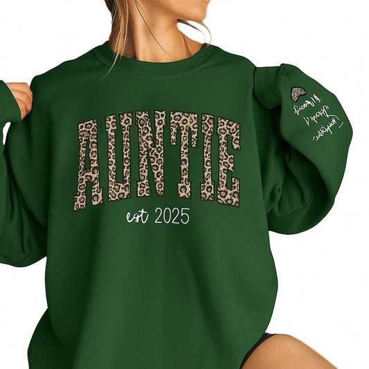 Custom Leopard Auntie Sweatshirt With Kid Name On Sleeve, Custom Auntie Sweatshirt 2D0357