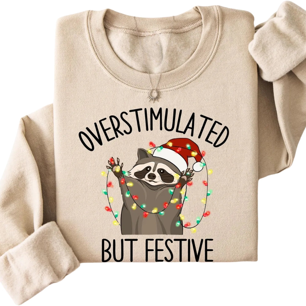 Overstimulated But Festive Racoon Christmas Sweatshirt, Funny Racoon Christmas Sweat 2D0579