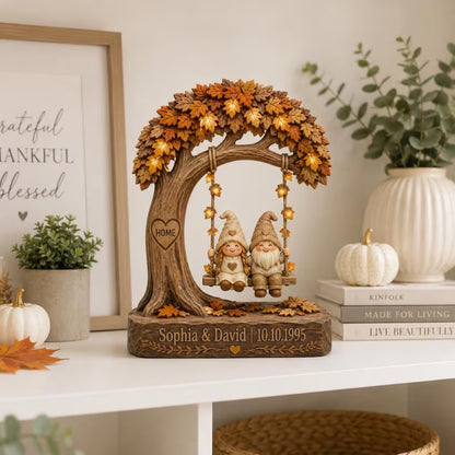Personalized Gnome Couple Wedding Layer Wooden Block, Custom Fall Wedding Wooden Plaque WD0993