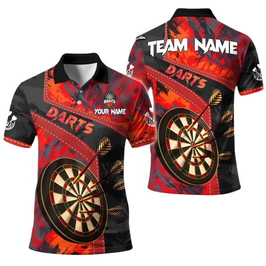 Custom Team Red Black Grunge Abstract Darts Men's Polo Shirt, Custom Dart Team Shirts DE0031