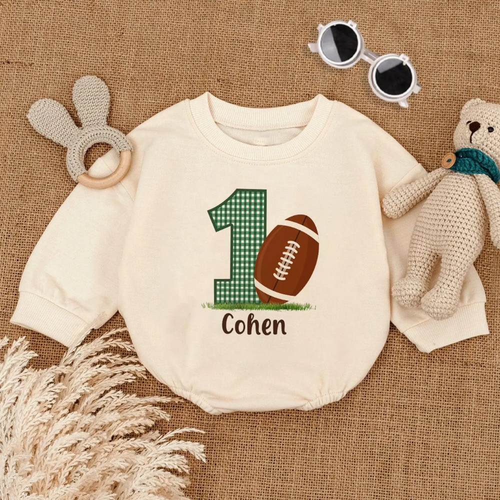 Custom Name 1st Birthday Baby Football Romper Sweatshirt, Personalized First Birtday Baby Romper Sweatshirt BB0162