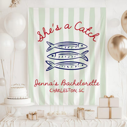 She's A Catch Fish Bachelorette Banner Personalized, Custom Beach Bachelorette Party Sign WD0530