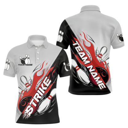 Custom Strike Flame Bowling Polo Shirt Mens, Custom Team Gray And Red Bowling Shirts BZ0447