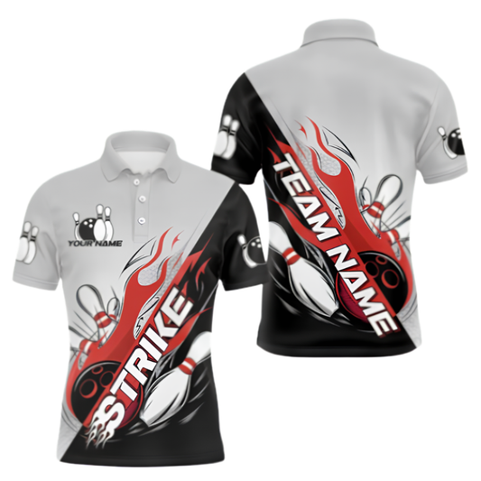 Custom Strike Flame Bowling Polo Shirt Mens, Custom Team Gray And Red Bowling Shirts BZ0447
