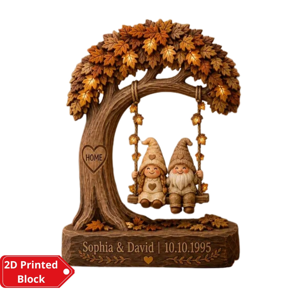 Personalized Gnome Couple Wedding Layer Wooden Block, Custom Fall Wedding Wooden Plaque WD0993