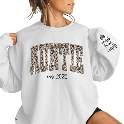 Custom Leopard Auntie Sweatshirt With Kid Name On Sleeve, Custom Auntie Sweatshirt 2D0357