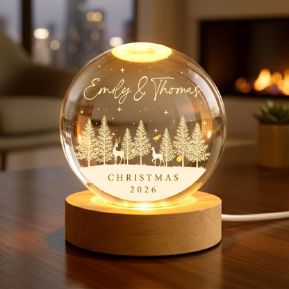 Custom Couple Christmas Crystal Ball Led Night Light, Custom Christmas Wedding Keepsake Night Light WD0916