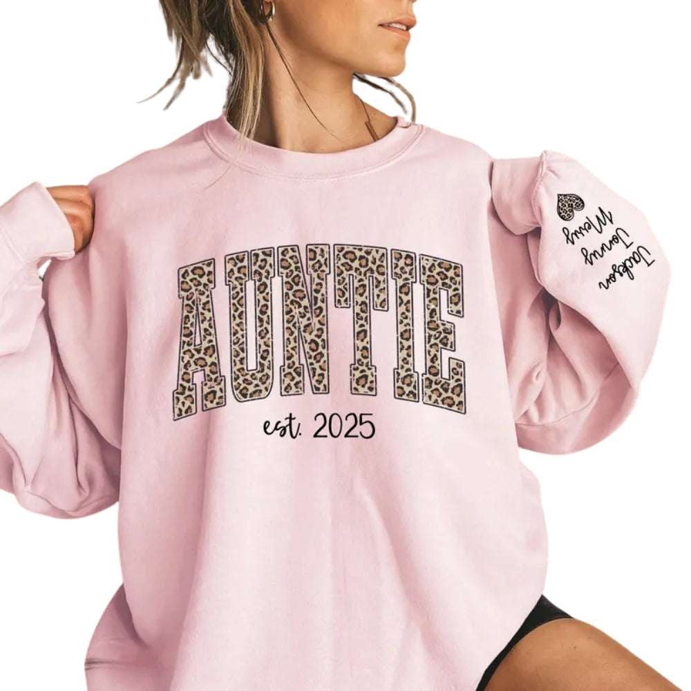 Custom Leopard Auntie Sweatshirt With Kid Name On Sleeve, Custom Auntie Sweatshirt 2D0357