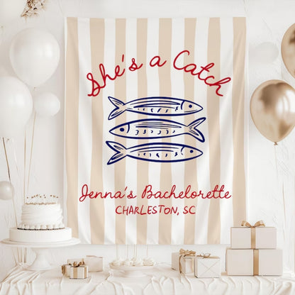 She's A Catch Fish Bachelorette Banner Personalized, Custom Beach Bachelorette Party Sign WD0530